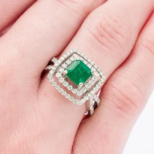 Emerald and Diamond 18K Gold Ring, Size 7.25