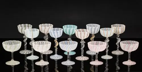 14 Italian Latticino Murano Wine Glasses