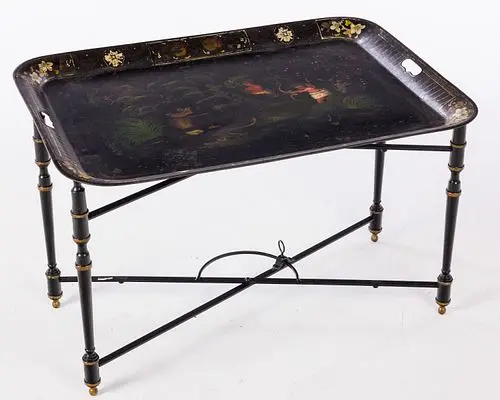 Painted Tole Tray, 19th C on Metal Stand