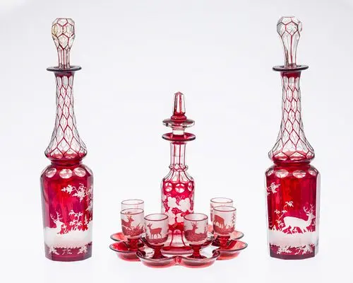 Group of Bohemian Red Cut to Clear Glass