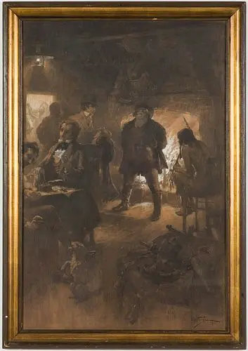 André Castaigne (1861-1929), Tavern Scene, Charcoal