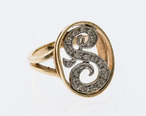 14K Gold and Diamond 'S' Signet Ring, Size 5.25
