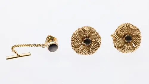 14K Gold & Black Star Sapphire Cufflinks and Tie Pin