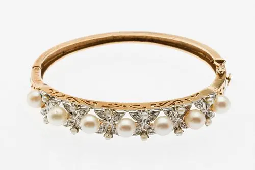 14K Gold, Diamond and Pearl Bangle Bracelet
