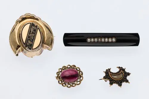 4 Victorian Gold and Enamel Mourning Pins