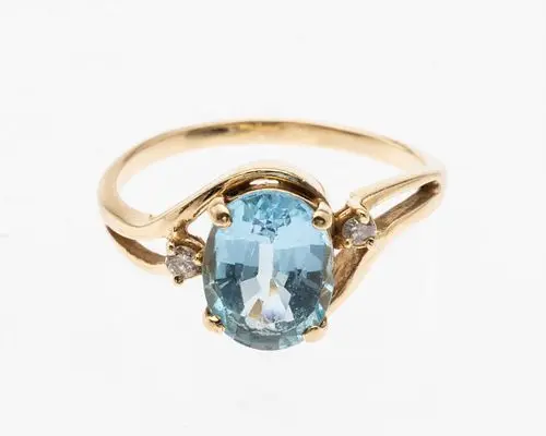 Blue Topaz and Diamond Ring 14K Gold Ring, Size 7.5