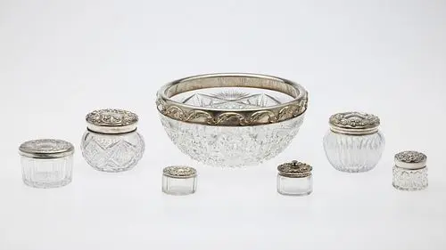 Gorham Glass & Sterling Bowl & 6 Sterling Boxes