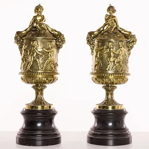 Pair uropean Bronze Urns with Cornucopia and Putti