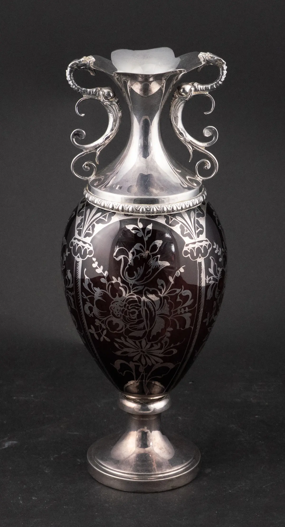 Silver Overlay and Cranberry Glass Footed Vase
