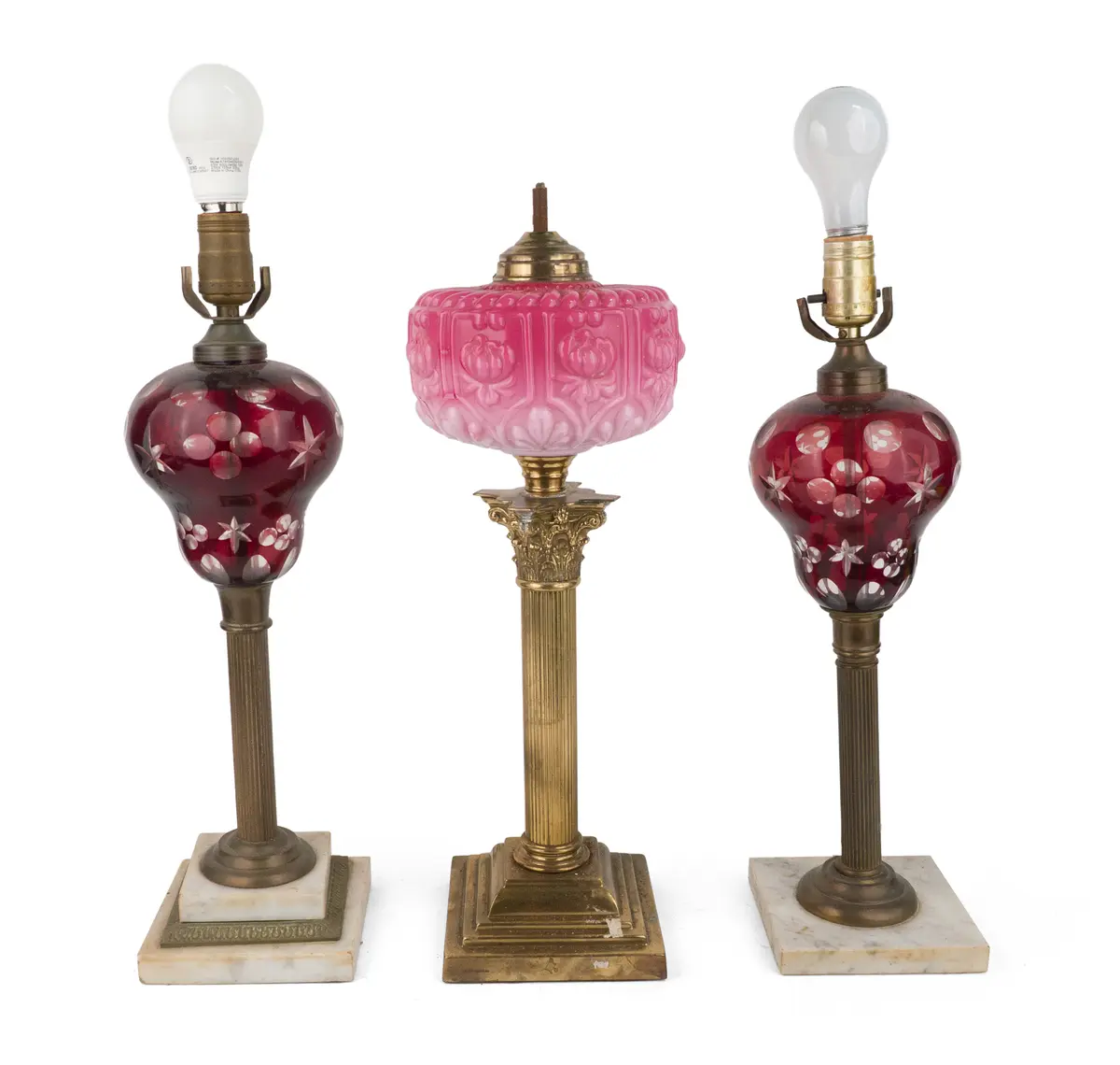 Three Brass and Glass Fluid Lamps