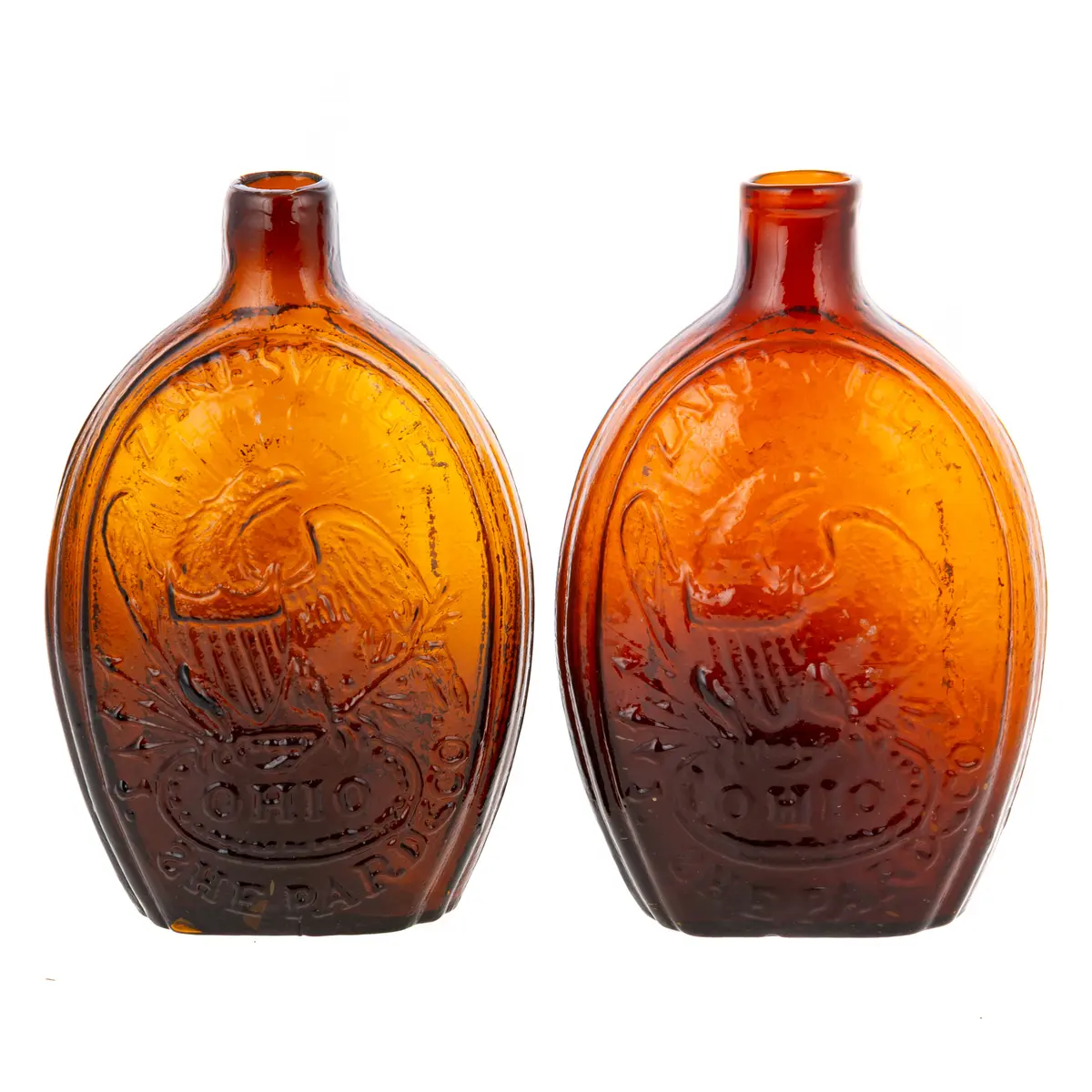 A Pair of Blown Glass Commemorative Flask Bottles