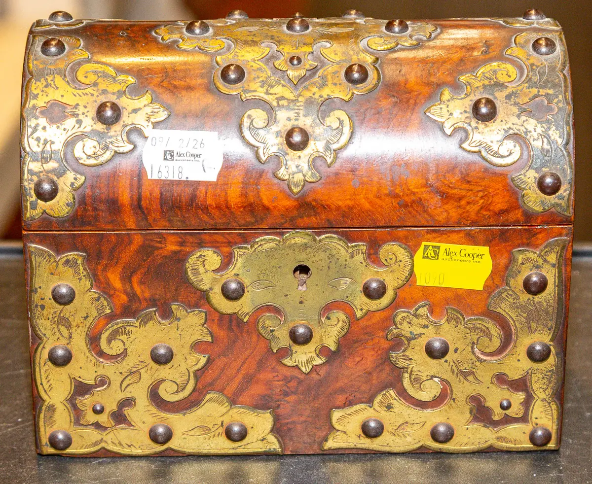 A Continental Brass & Walnut Trinket Box