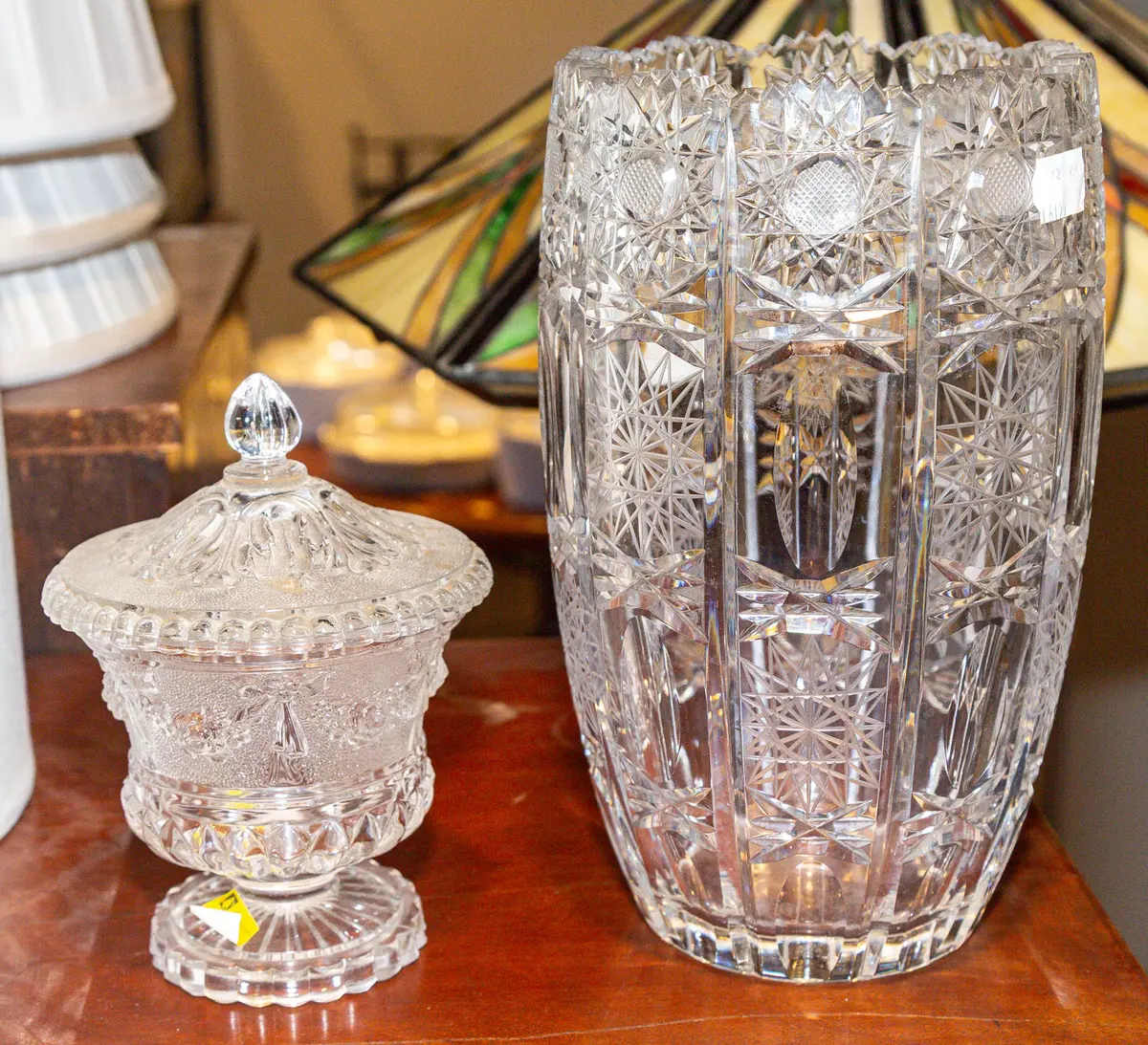 A Hawkes Cut Glass Vase & Flint Glass Sugar Bowl