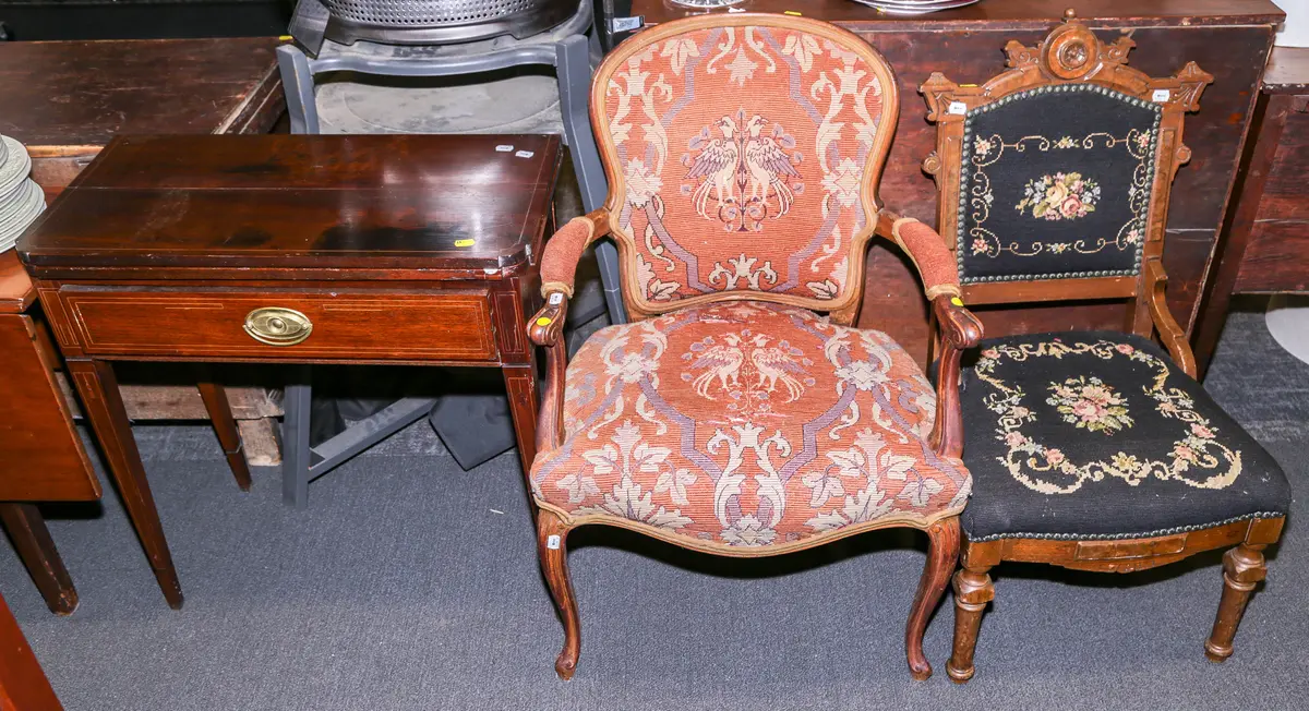 A Continental Mahogany Card Table & Two Chairs