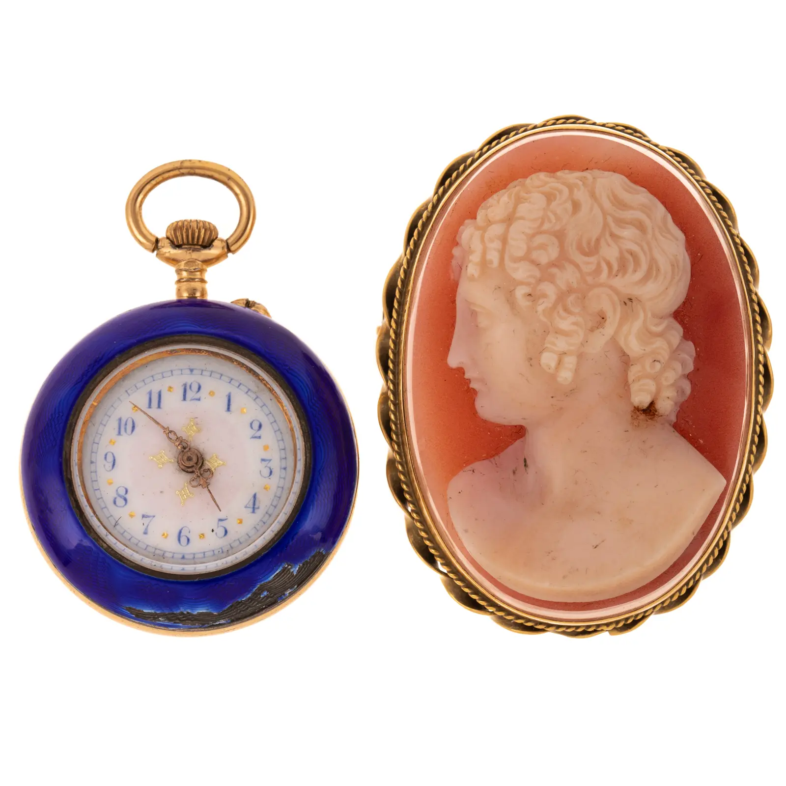 A Cameo Pin/Pendant in 14K & Enameled Pocket Watch