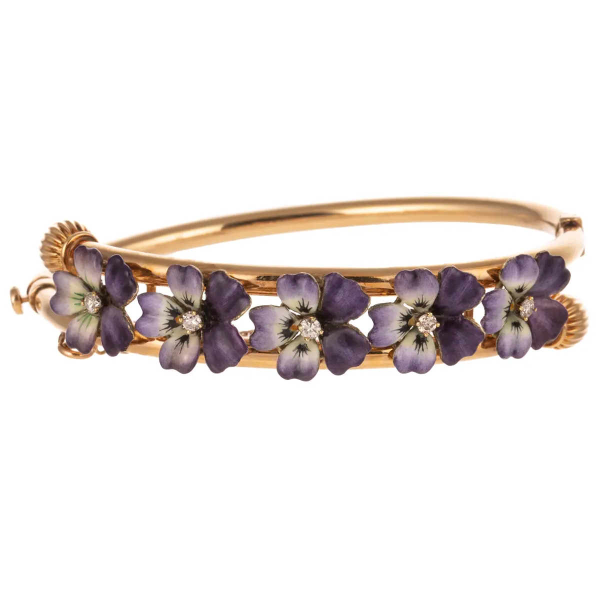 An Art Nouveau Pansy & Diamond Bangle in 14K