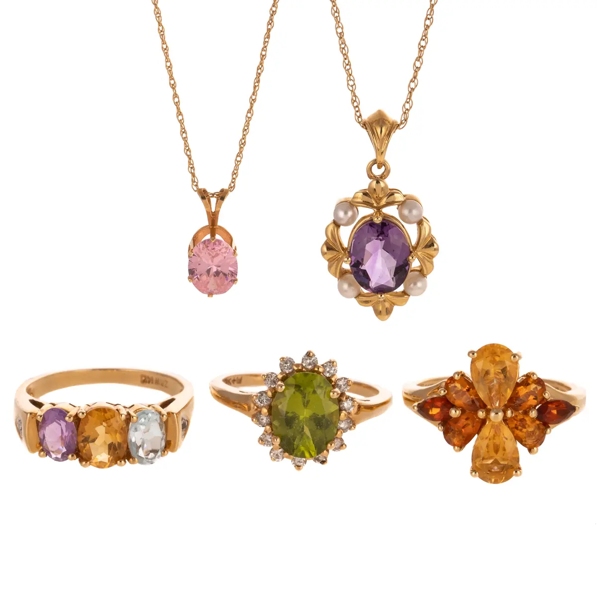 A Trio of Gemstone Rings & Two Pendant Necklaces in 14K