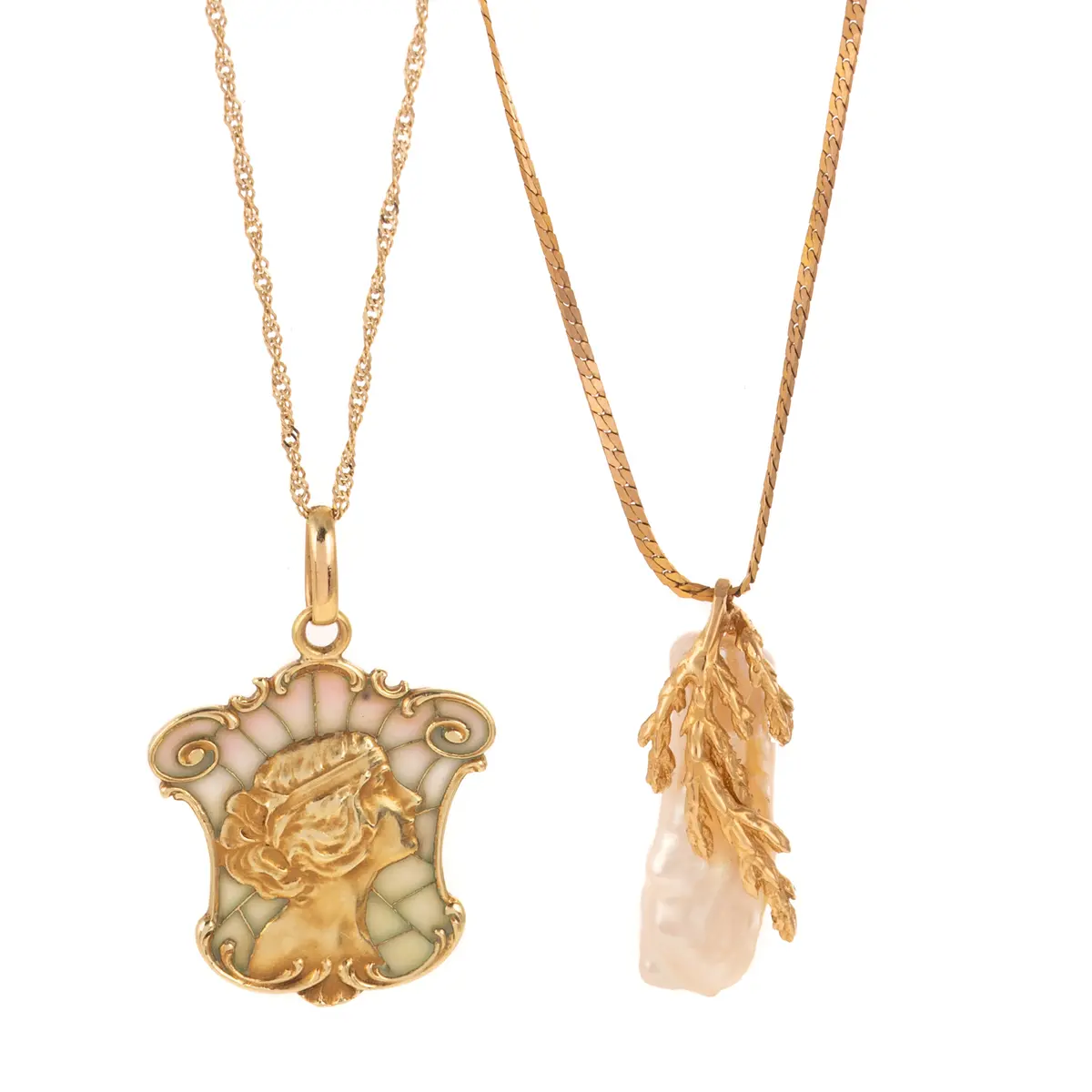 An Art Nouveau Pendant & Pearl Pendant in 14K