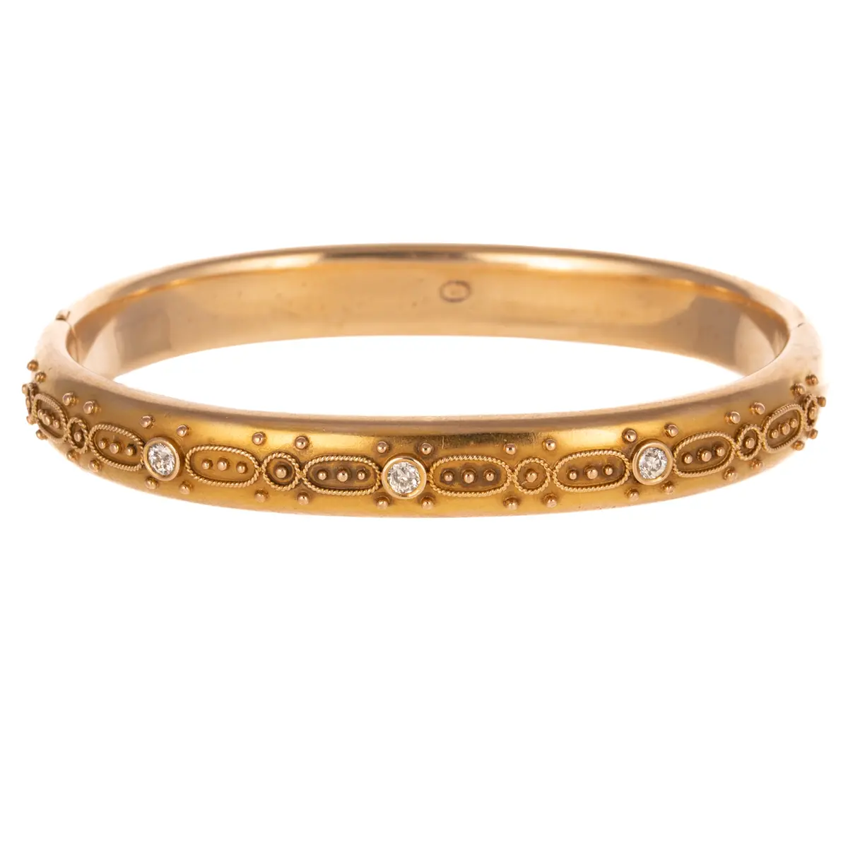 An Art Nouveau Diamond Granulated Bangle in 14K