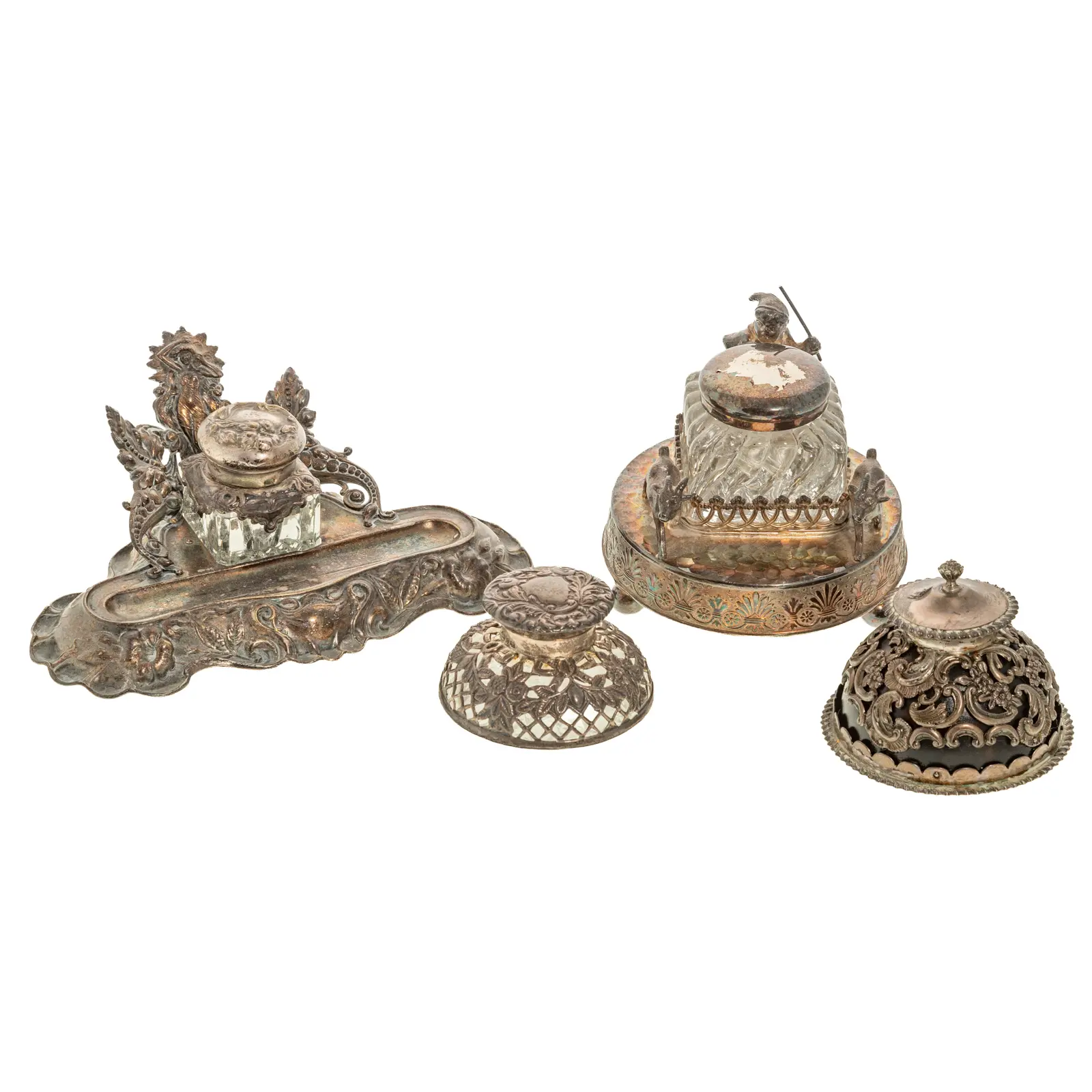 Two Sterling & Two Silver Plated Inkwells