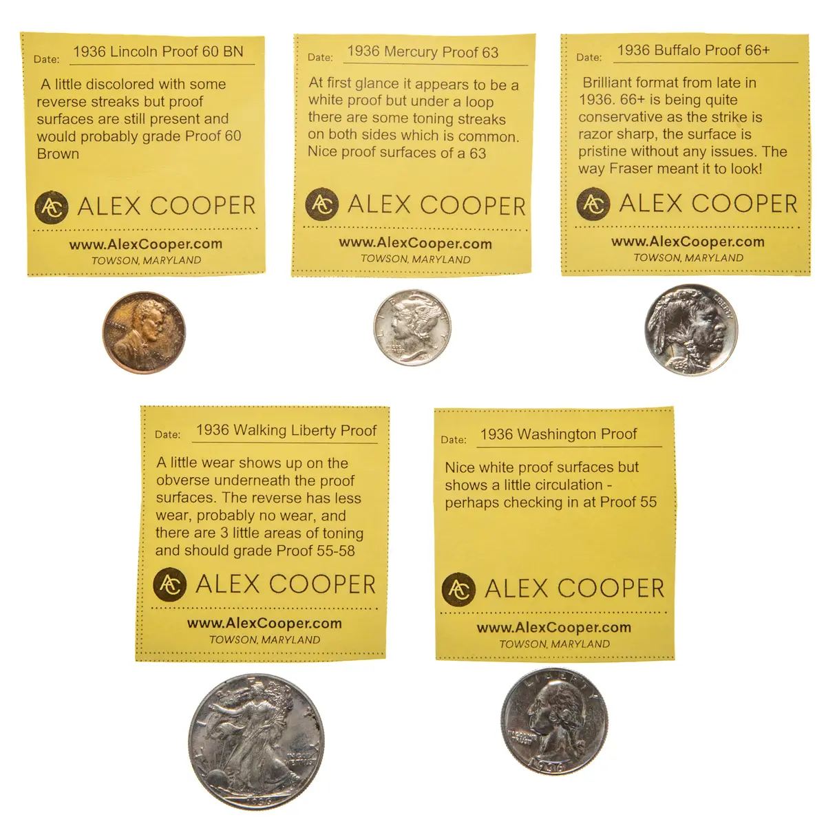 1936 Proof Set, All Five Individual Coins