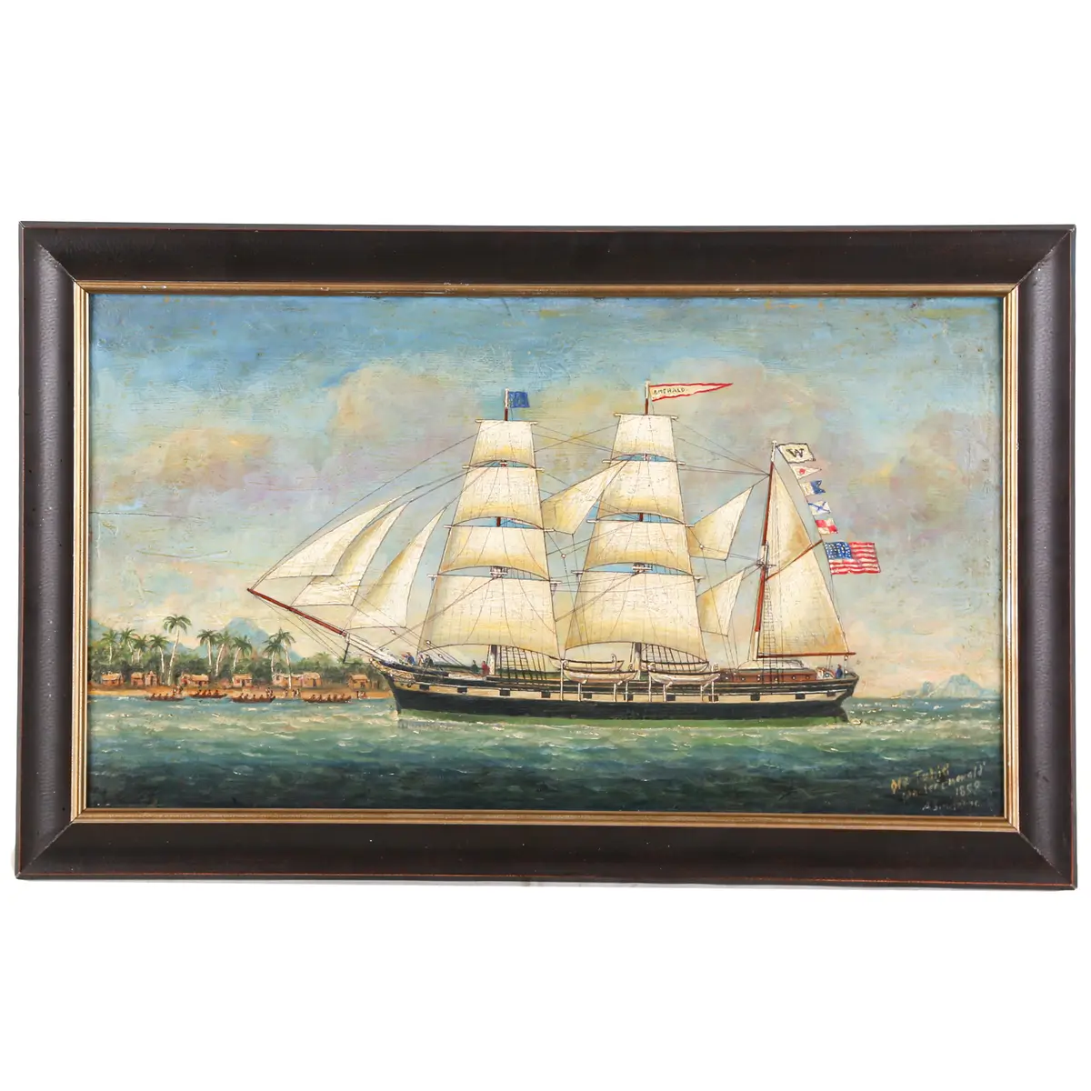 A. Simmonds. "Off Tahiti, Whaler 'Emerald'," oil