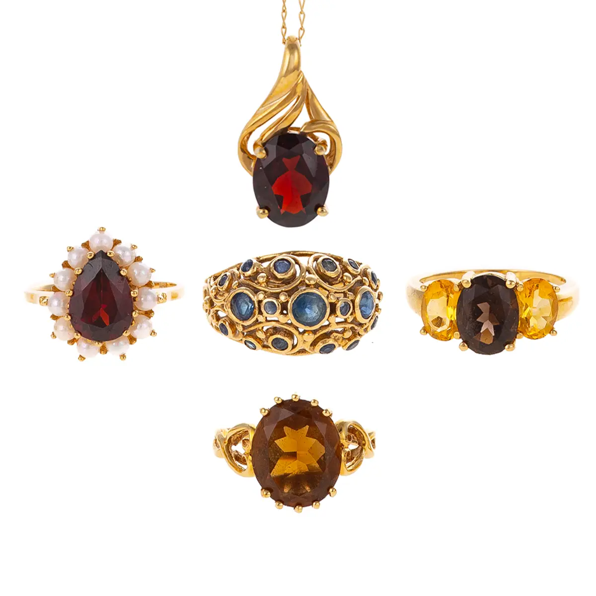 A Group of Four Gemstone Rings & Pendant Necklace in 14K