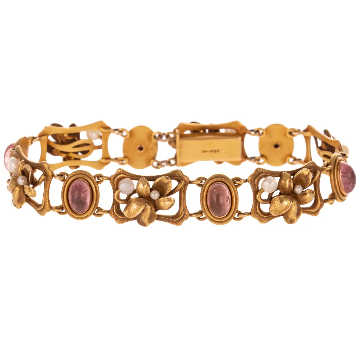 An Art Nouveau Pink Tourmaline Flower Link Bracelet in 14K