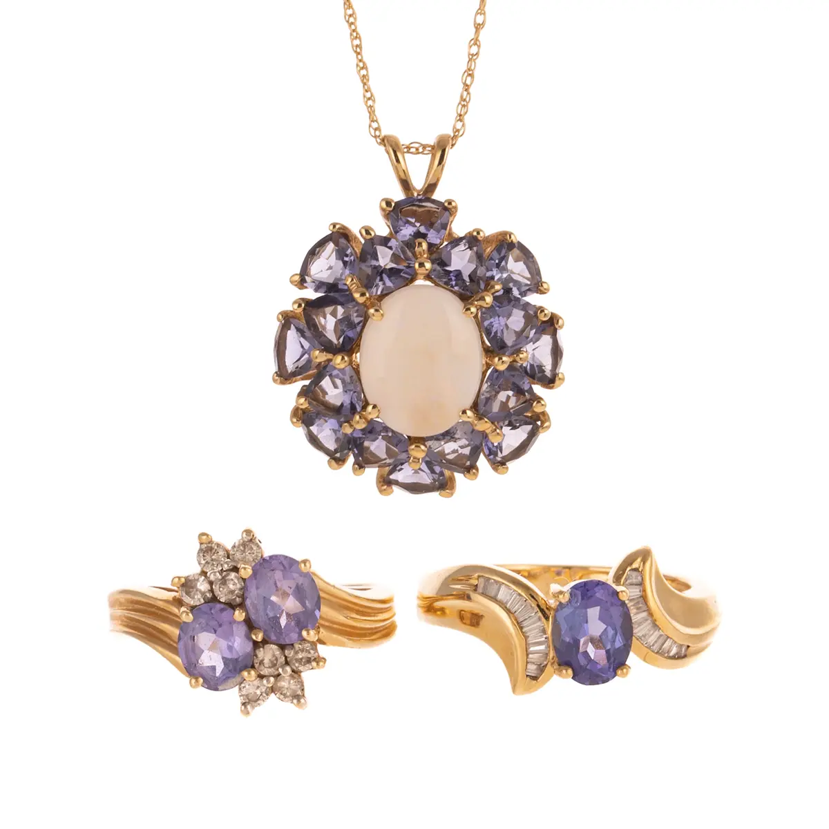 Two Iolite Rings & Pendant Necklace in 14K