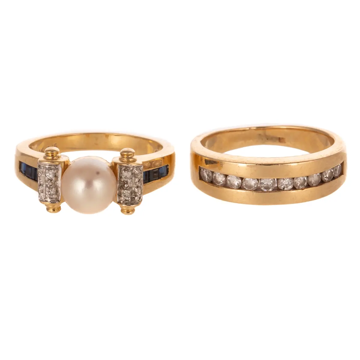 A Diamond Band & Pearl/Sapphire Ring in 14K