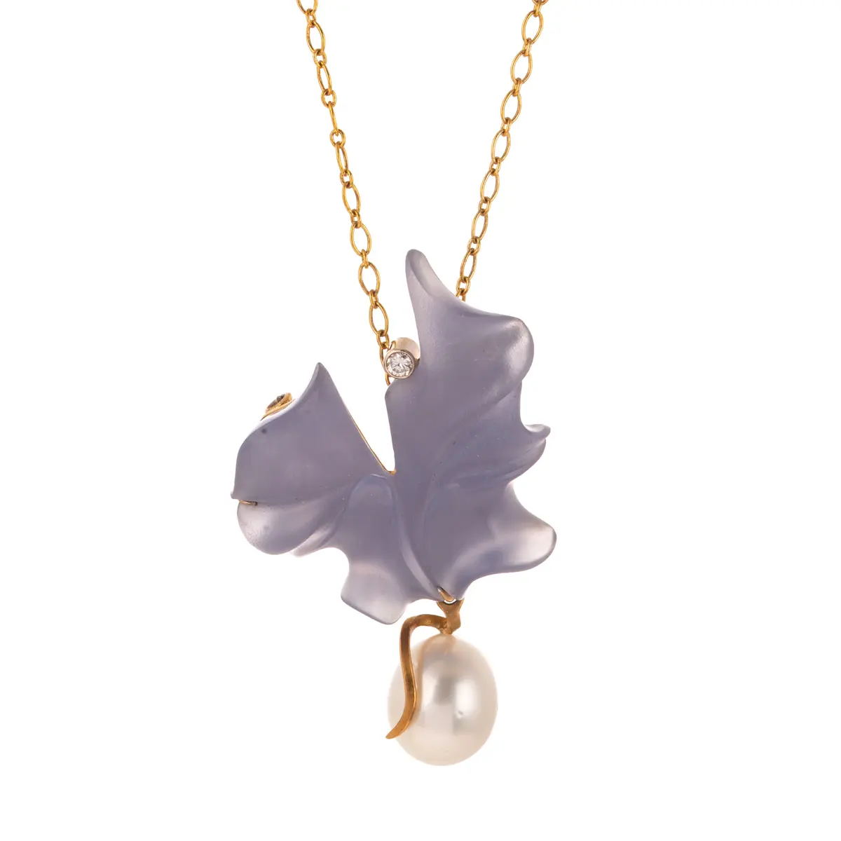 A Carved Chalcedony & South Sea Pearl Pin/Pendant in 18K