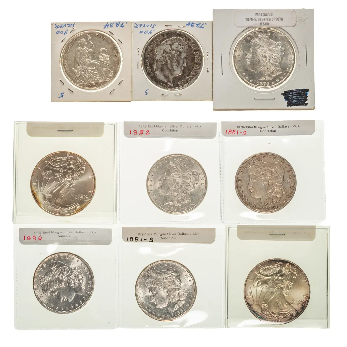 Silver Coins - Two Silver Eagles, Five Morgans, & Two World