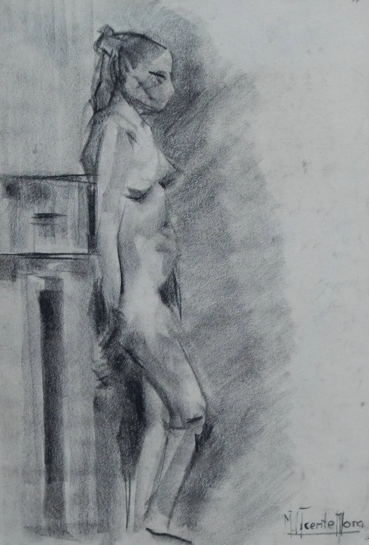 Manuel Vicente Mora. Charcoal on paper. “Female Nude and Faces”. Hand-signed.
