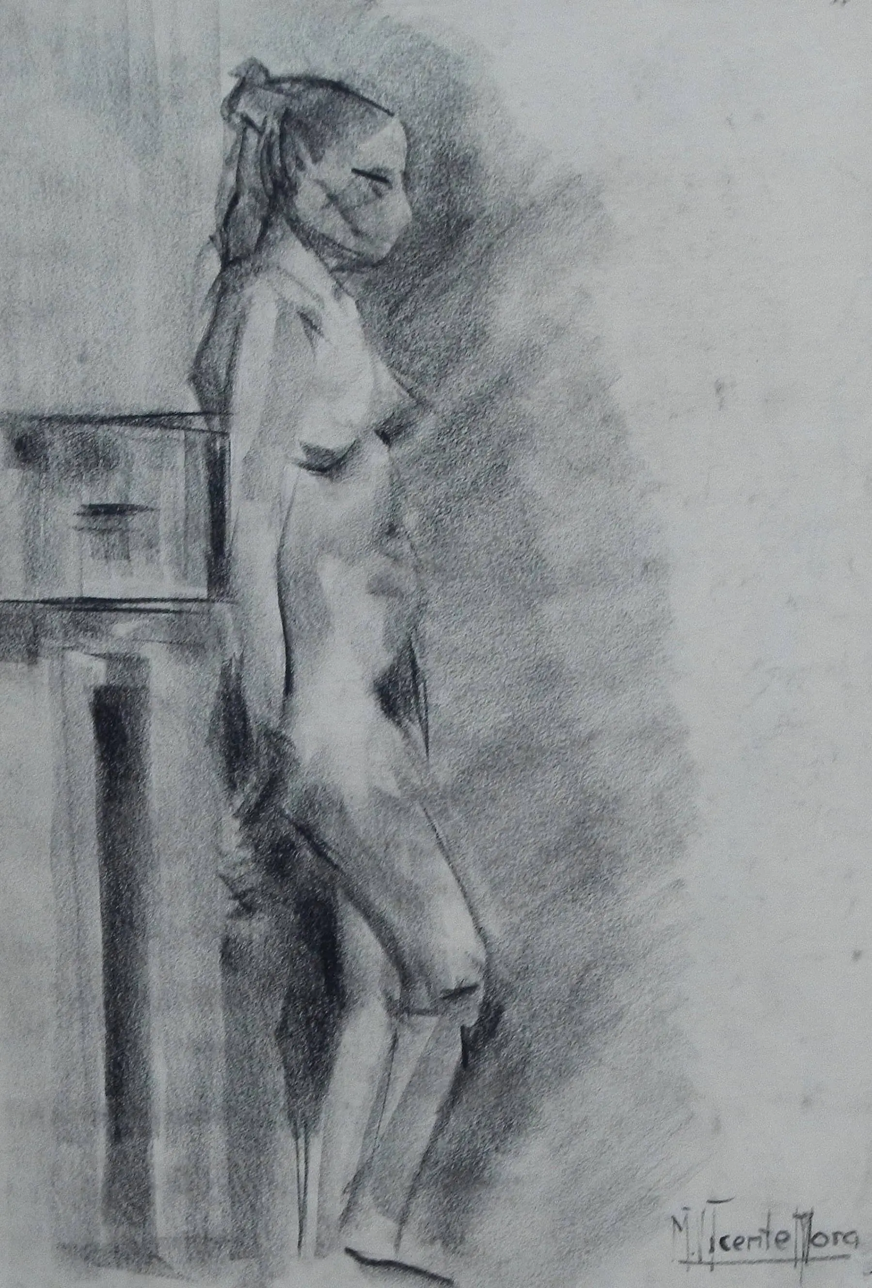 Manuel Vicente Mora. Charcoal on paper. “Female Nude and Faces”. Hand-signed.
