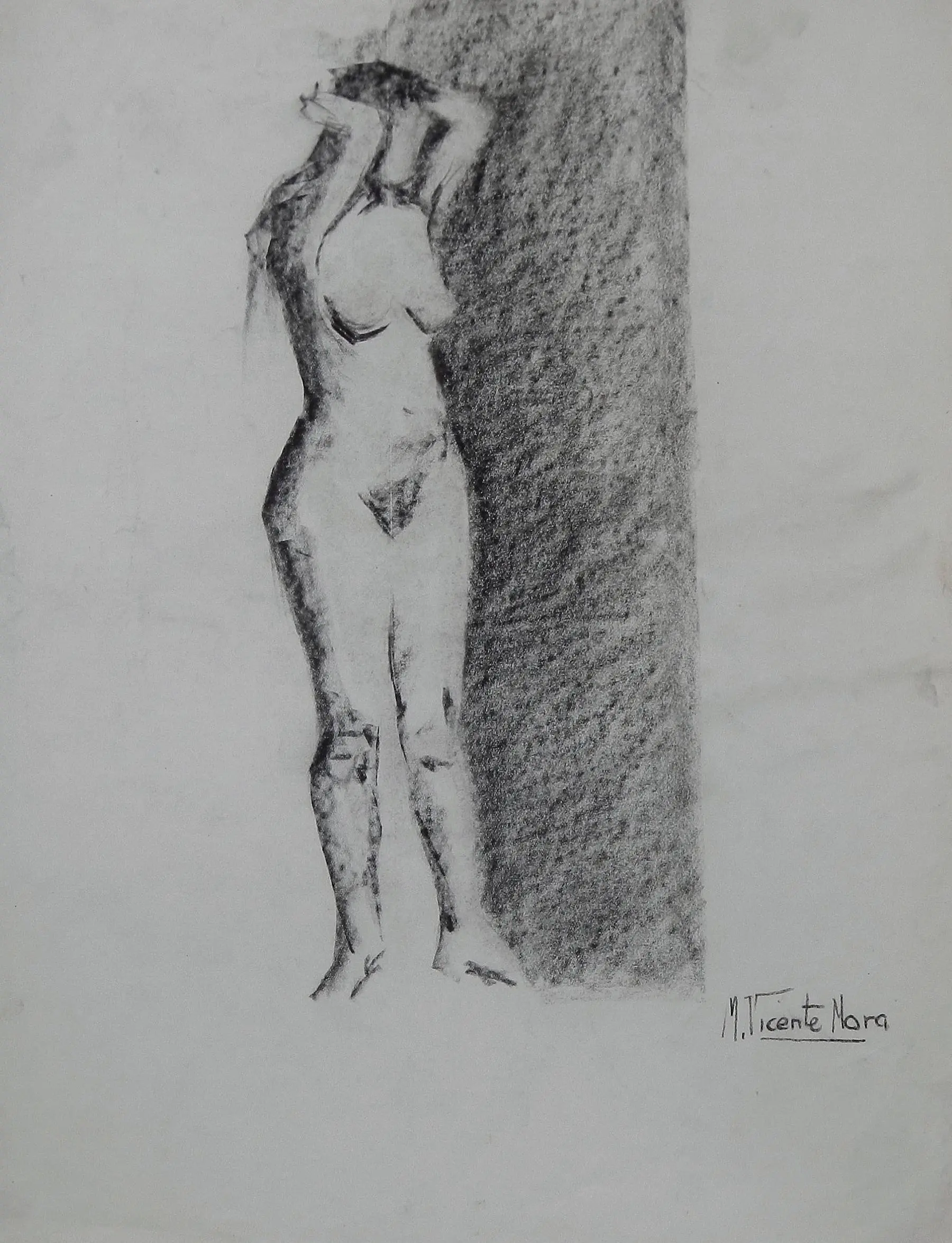 Manuel Vicente Mora. Charcoal on paper. “Female Nude”. Hand-signed. 43x34 cm.