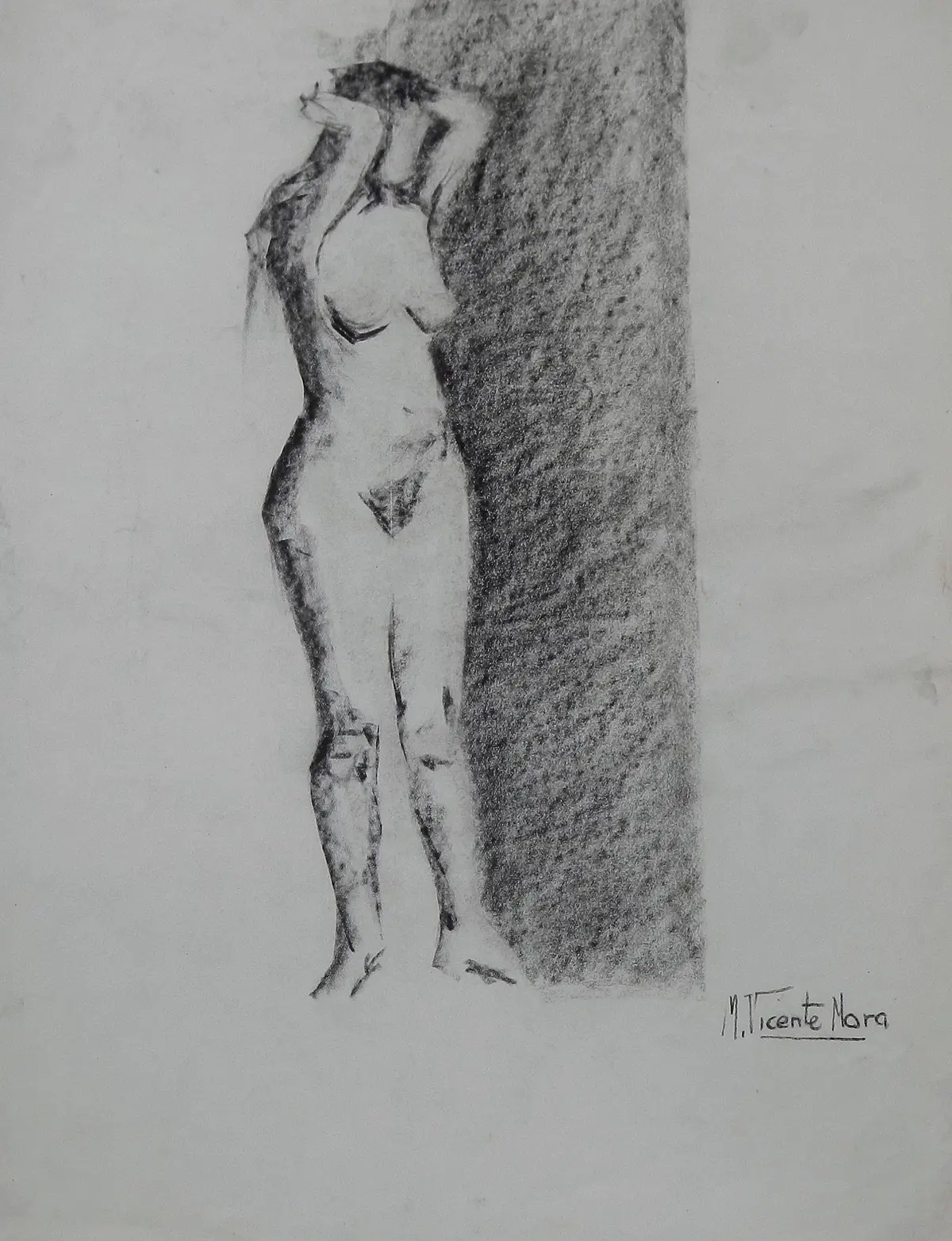 Manuel Vicente Mora. Charcoal on paper. “Female Nude”. Hand-signed. 43x34 cm.