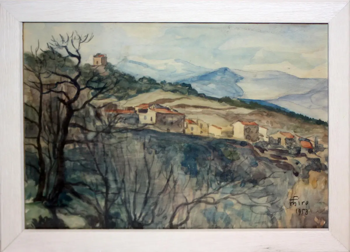 Signed F. Miró: "Maisons sur la falaise"