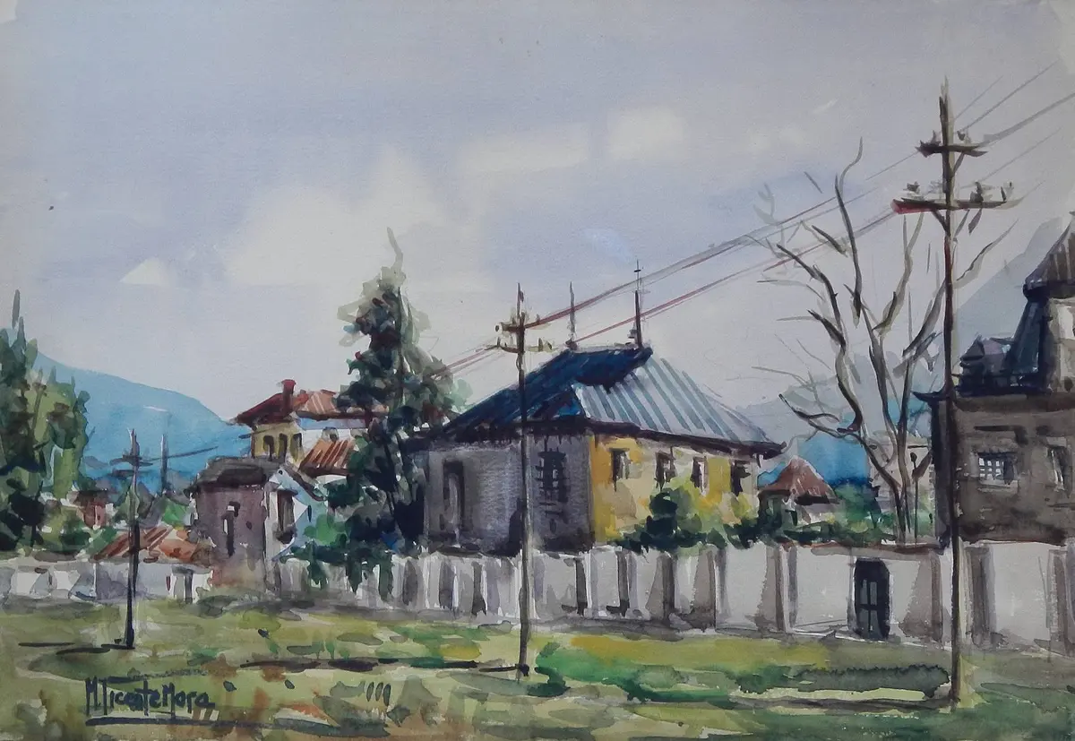 Manuel Vicente Mora. Watercolor on paper. “Village Houses”. Hand-signed.