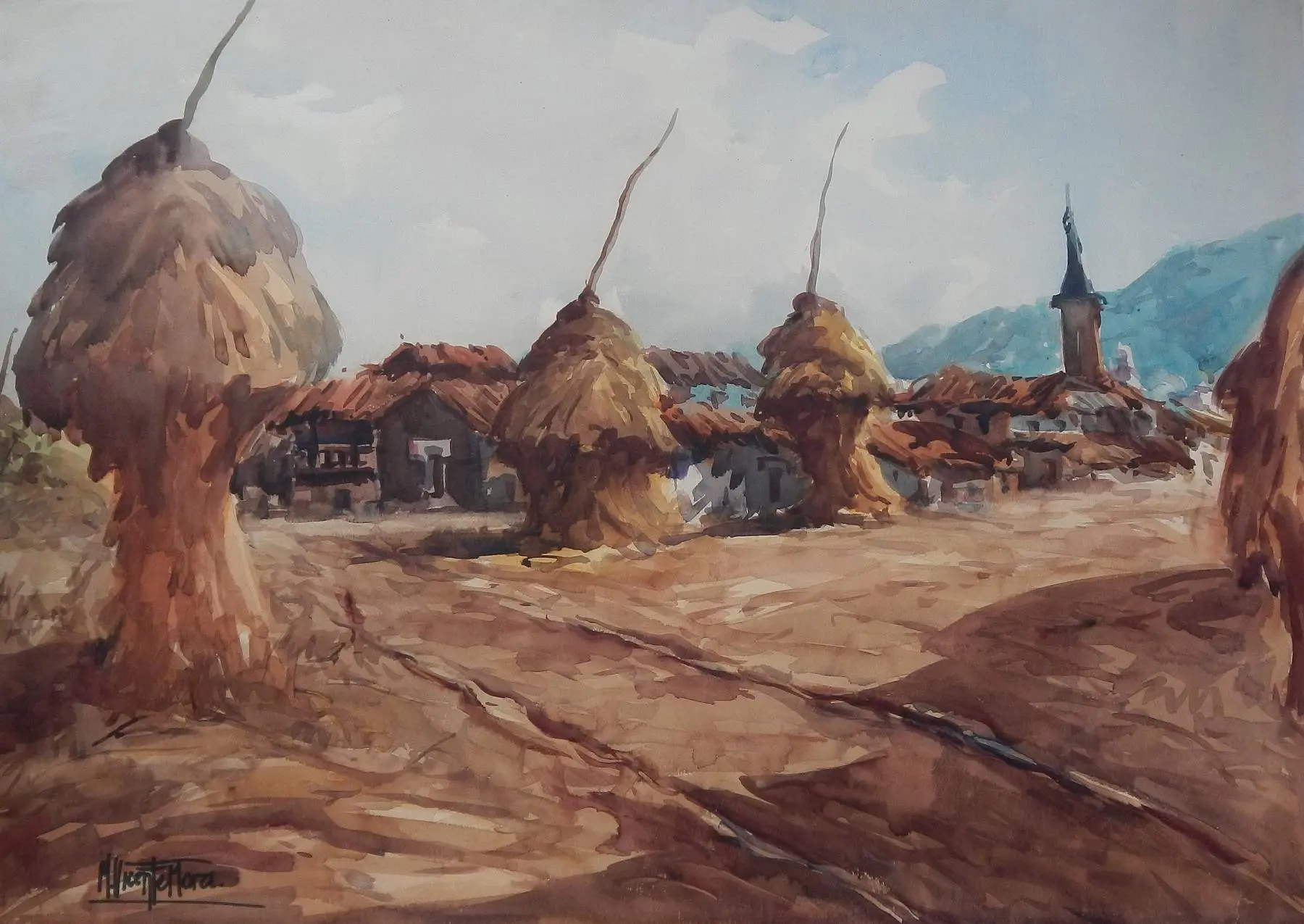Manuel Vicente Mora. Watercolor on paper. “Haystacks.” Hand-signed. 50x71 cm.