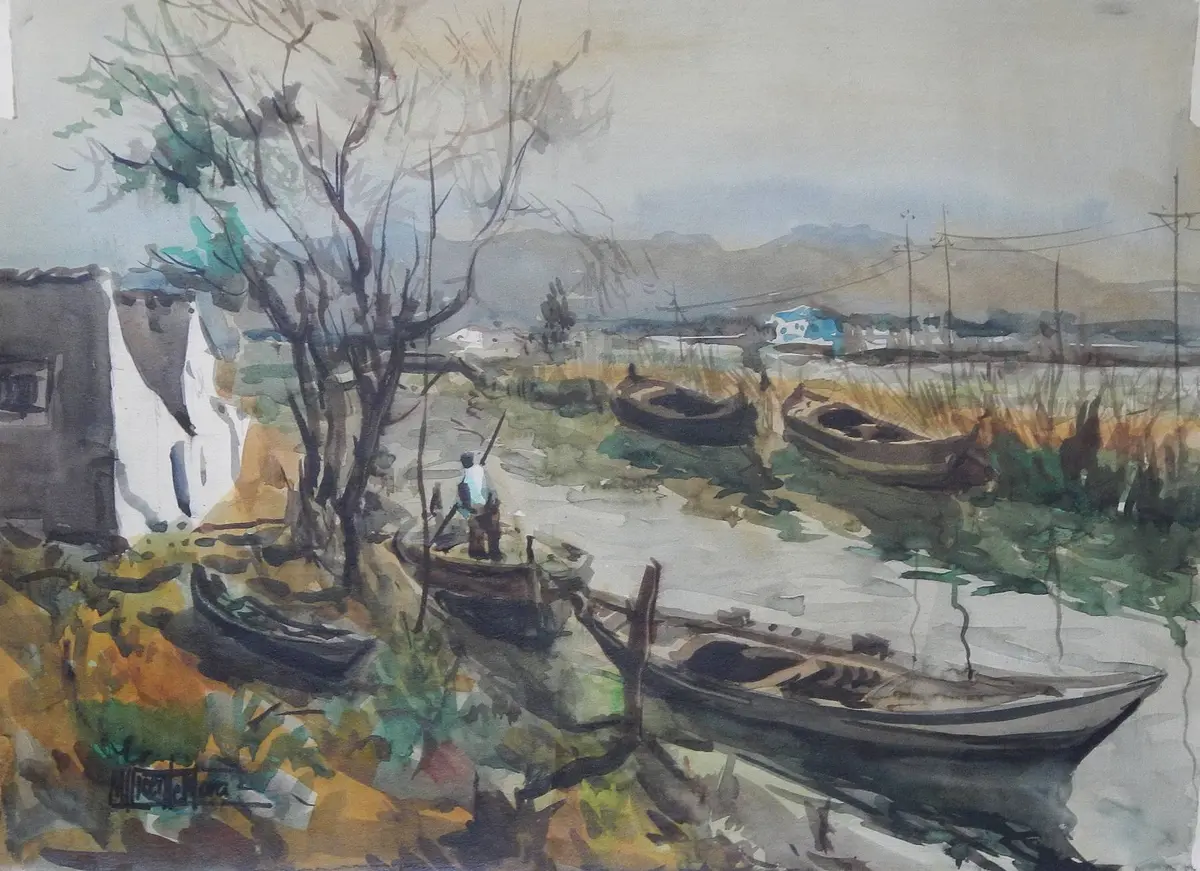 Manuel Vicente Mora. Watercolor on paper. “Boats of Albufera. Valencia”.