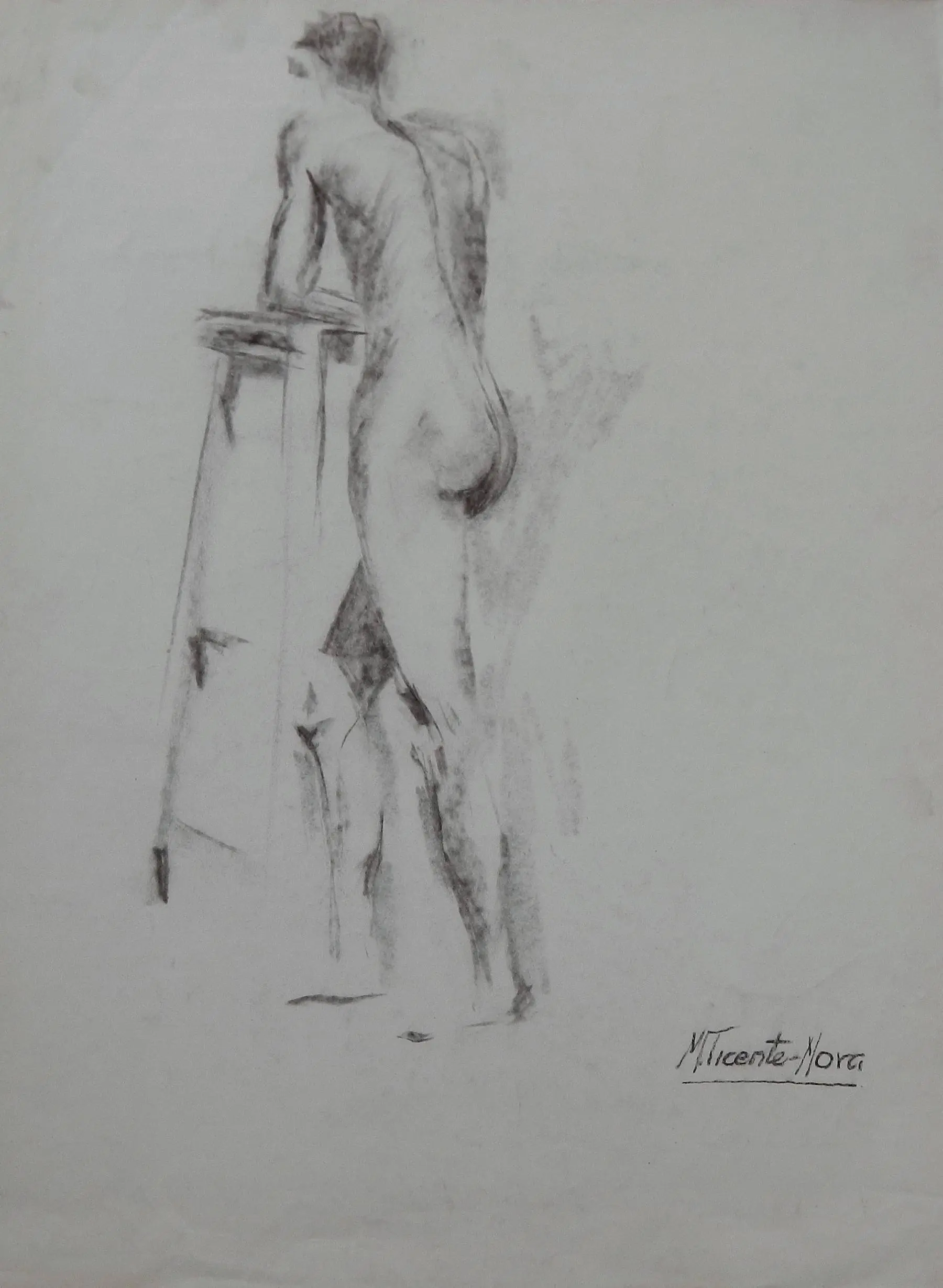 Manuel Vicente Mora. Charcoal on paper. “Male Nude”. Hand-signed. 43x34 cm.