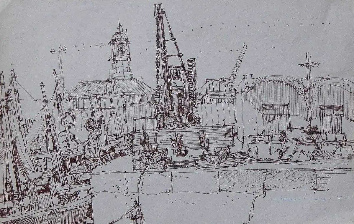 Carlos Enrique Lencinas Gómez (1937-2018). Ink on paper. “Port of