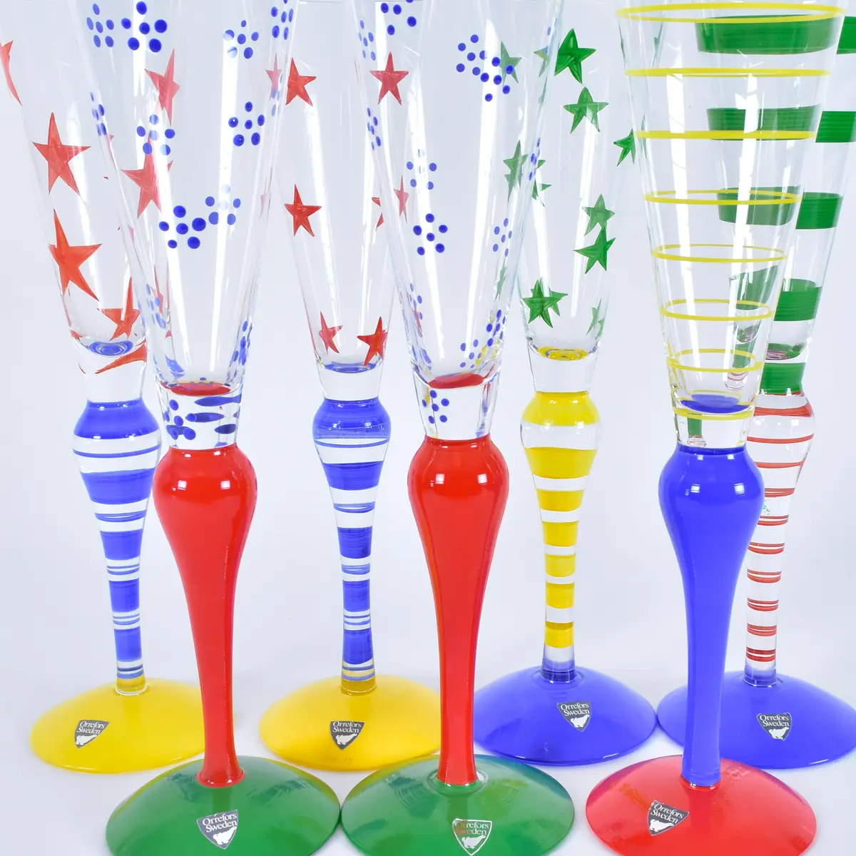 ANNE NILSSON. champagneglas, 7 st, bemålat glas "Clown", Orrefors, design 1992.