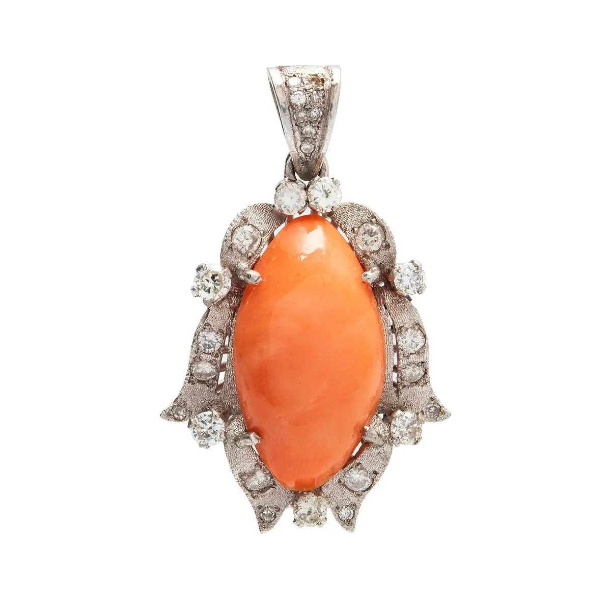 PENDIENTE CON CORAL Y DIAMANTES EN ORO BLANCO LEY BAJA