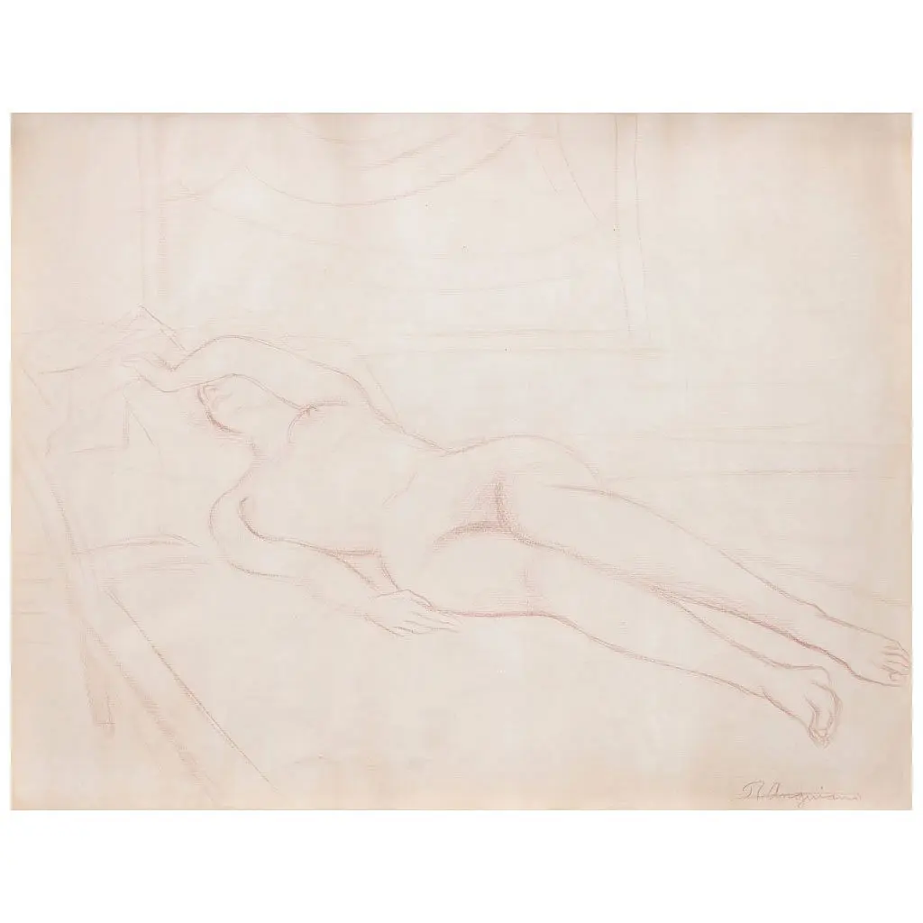 RAÚL ANGUIANO. Sin título. Firmada. Sanguina sobre papel. 49 x 62 cm