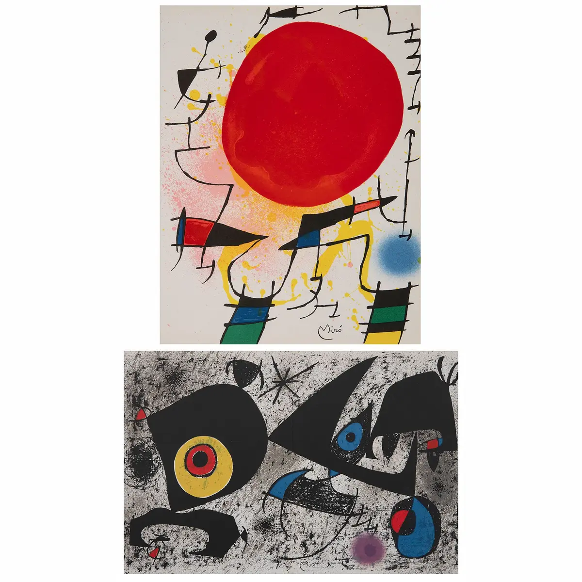 JOAN MIRÓ. a) Le Soleil Rouge y b) Hommage a Miró. Firmados en plancha.