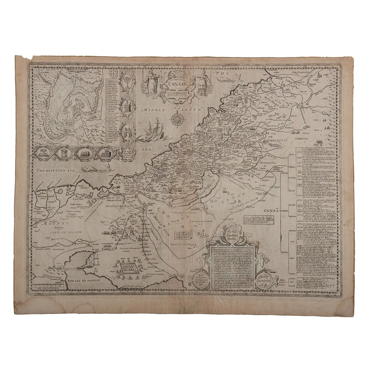 JOHN SPEED. CANAÁN / JERUSALÉN. LONDON, 1651. Mapa grabado, 38.5 x