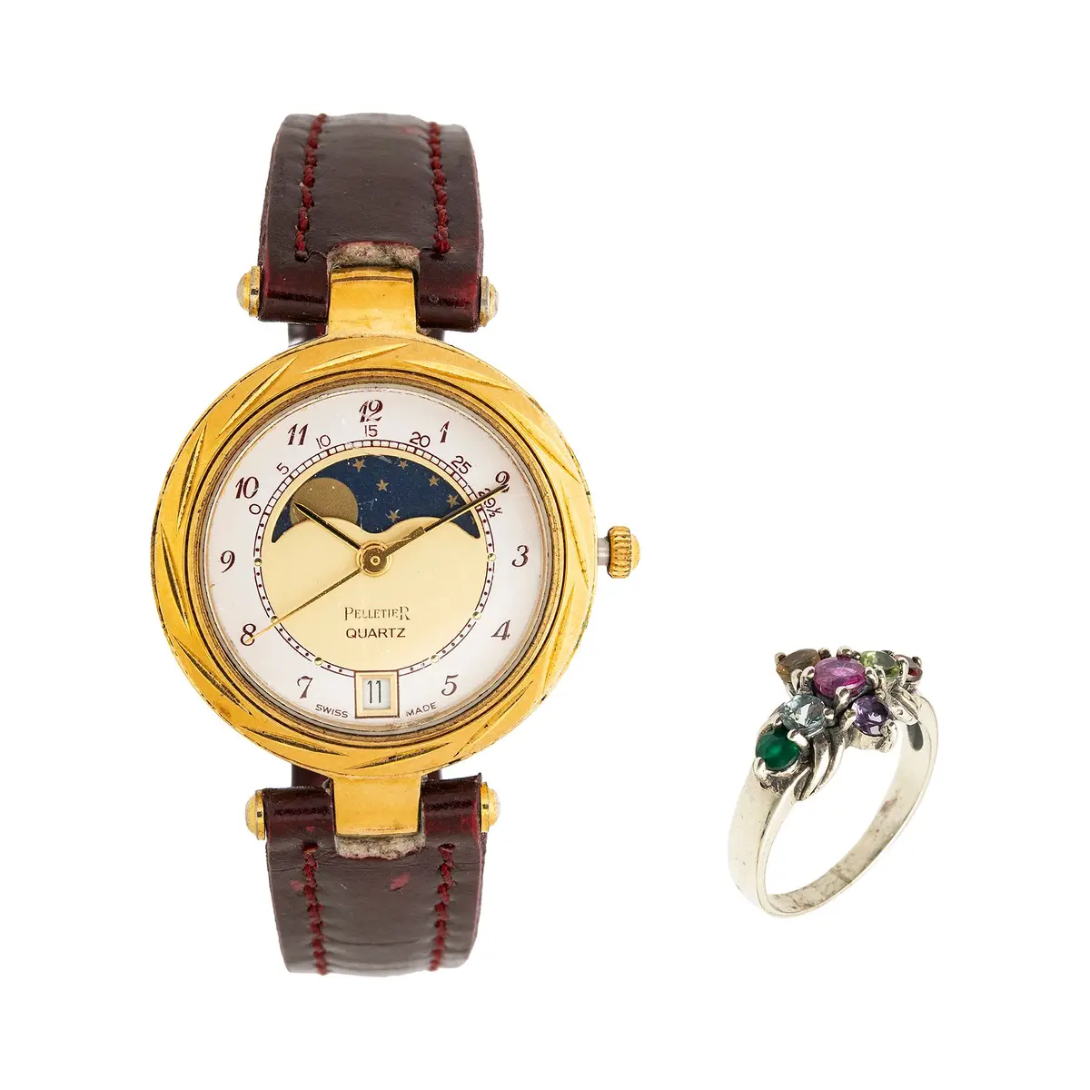 RELOJ PELLETIER EN ACERO Y ANILLO CON RUBÍ Y GEMAS SEMIPRECIOSAS EN PLATA