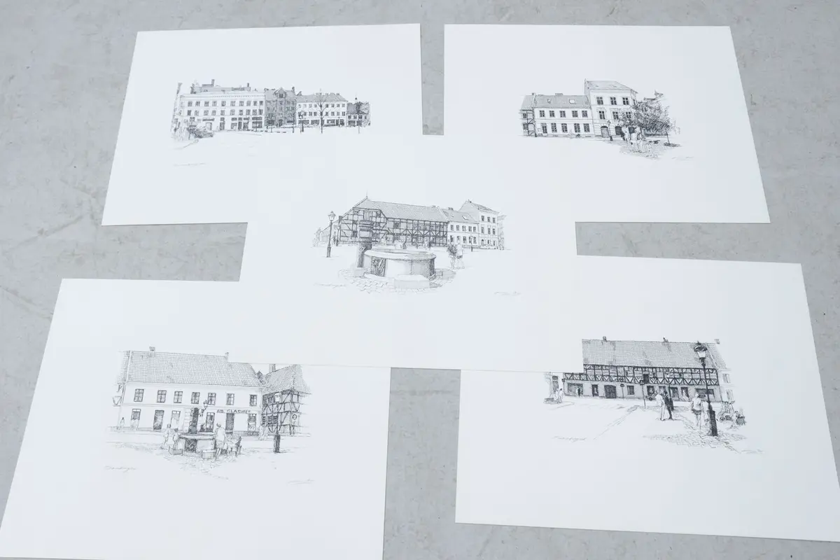 Vagn Jacobsen, 5st, litografier, "Lilla Torg, Malmö", i mapp