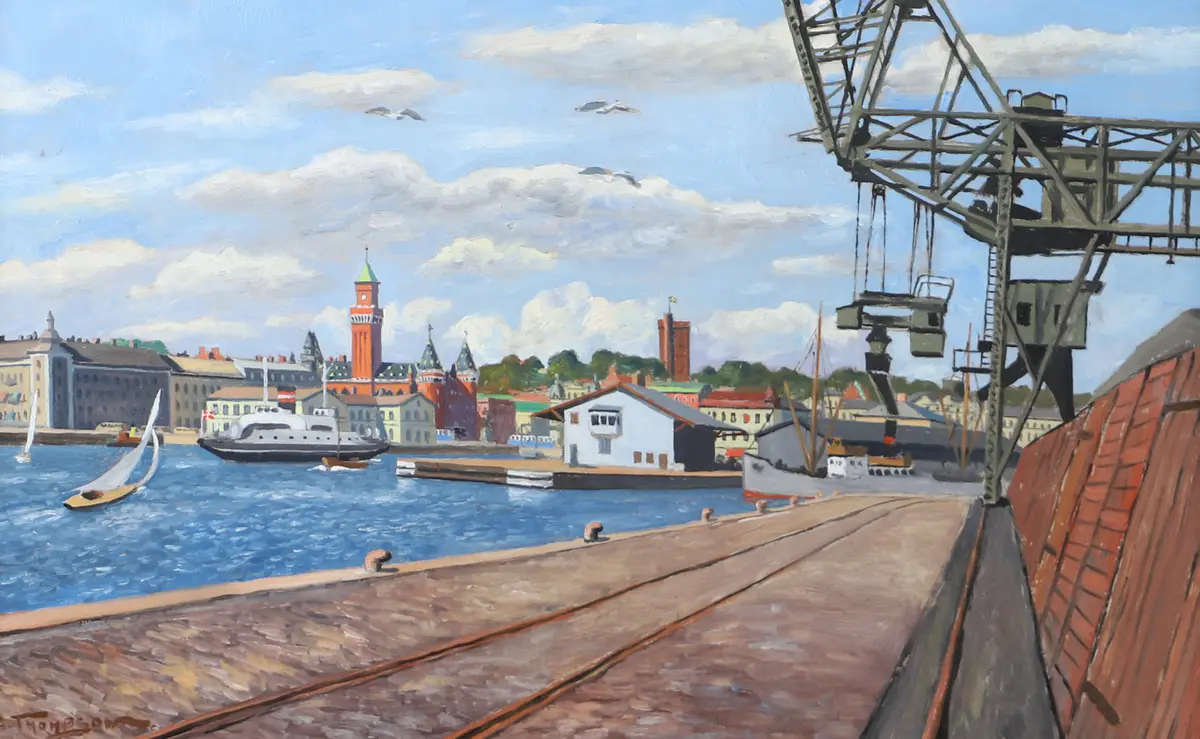 CARL THOMPSON. Hamnen Helsingborg, olja på pannå, signerad C. Thompson.